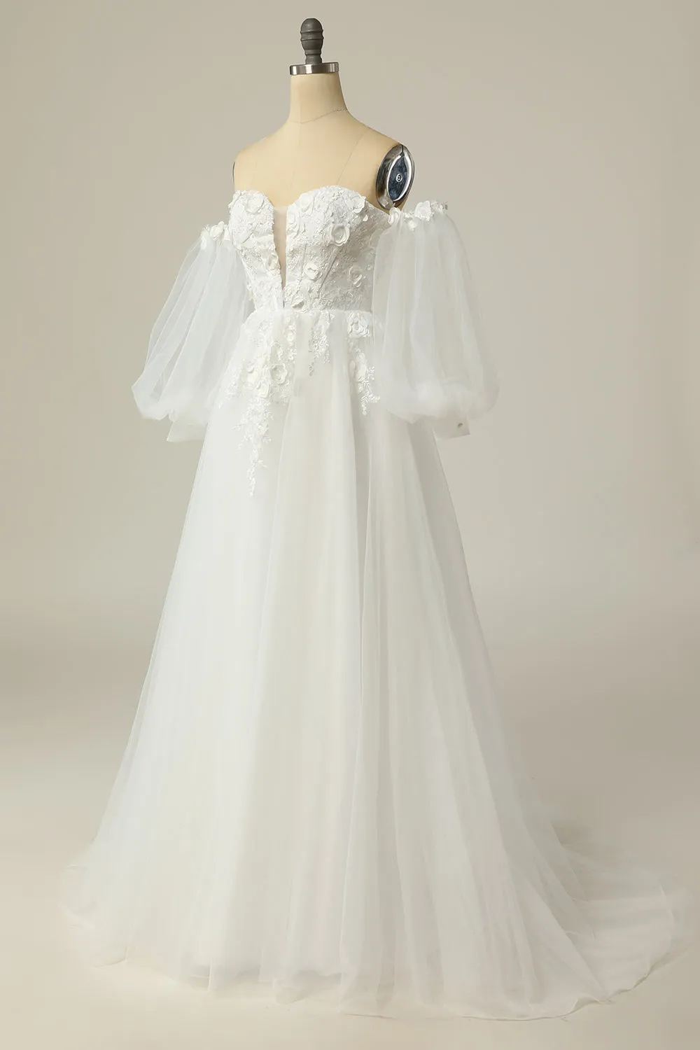 A Line Off the Shoulder Ivory Bridal Dress with Long Sleeves sold by Zapaka product image thumbnail 3