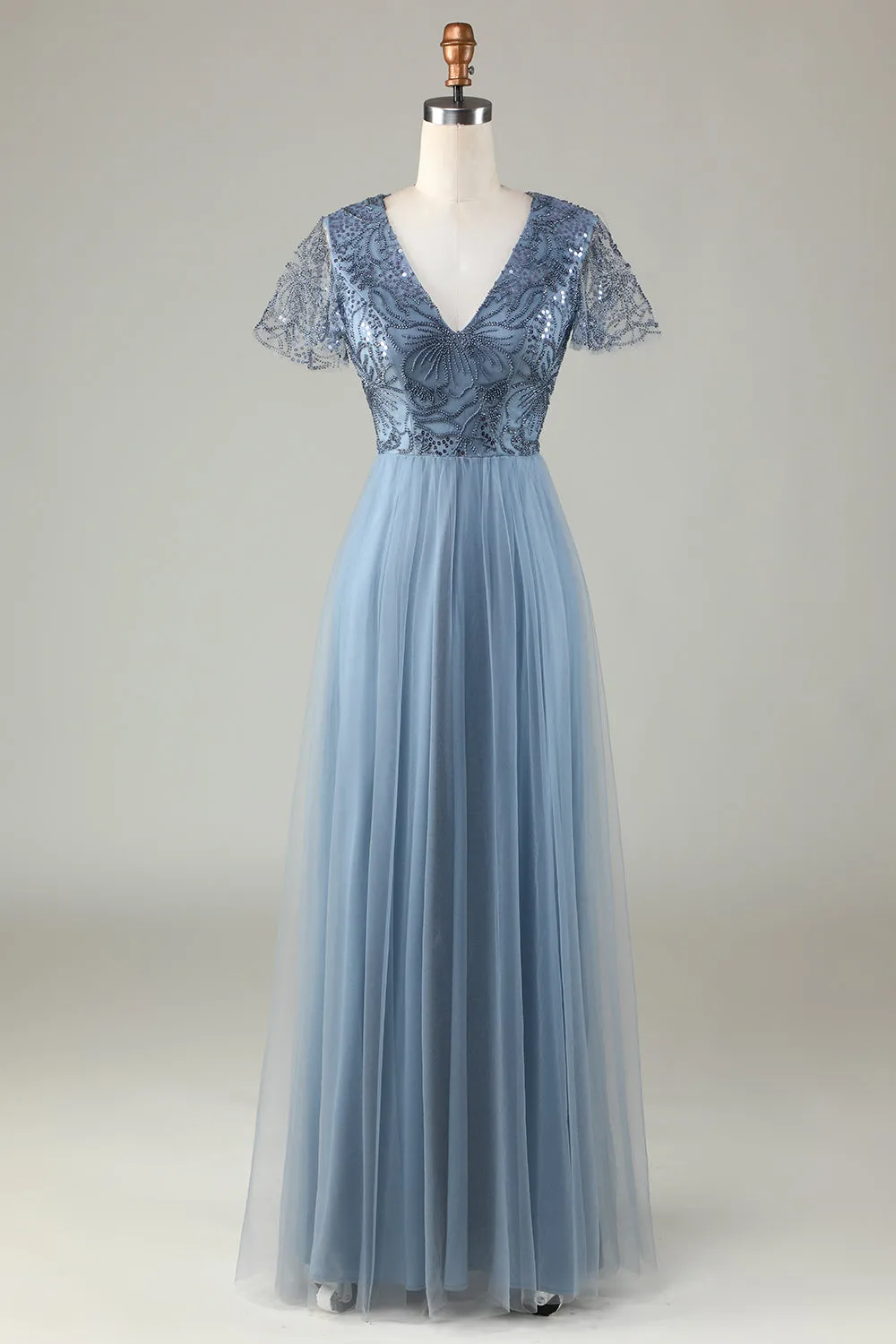 A-Line Dusty Blue Bridesmaid Dress with Beading sold by Zapaka