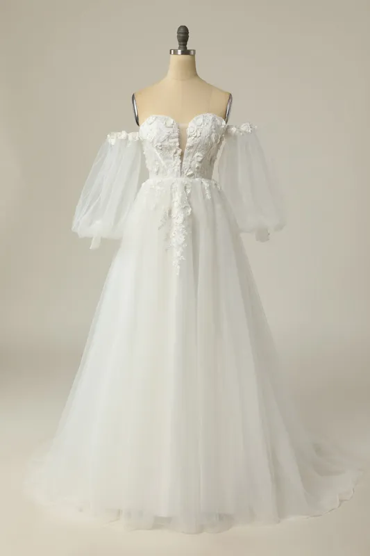 A Line Off the Shoulder Ivory Bridal Dress with Long Sleeves sold by Zapaka