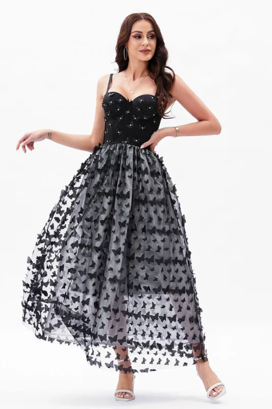 Black A-Line Spaghetti Straps Corset Party Dress with 3D Butterflies sold by Zapaka