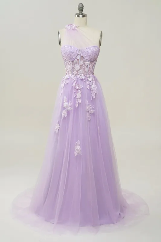 Elegant A Line One Shoulder Purple Long Prom Dress with Appliques sold by Zapaka