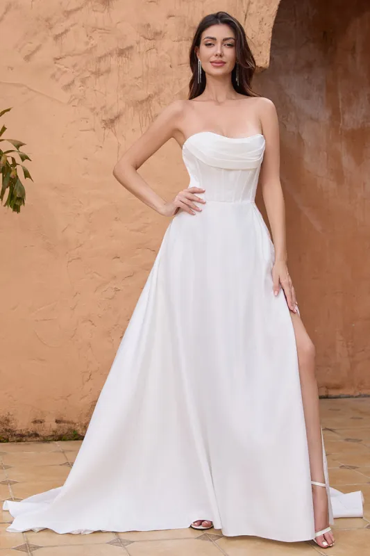 Elegant A Line Strapless Pleated Sweep Train White Wedding Dress With Slit sold by Zapaka