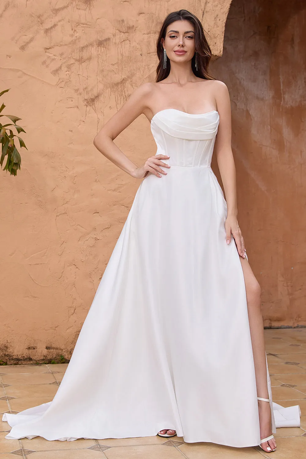 Elegant A Line Strapless Pleated Sweep Train White Wedding Dress With Slit sold by Zapaka