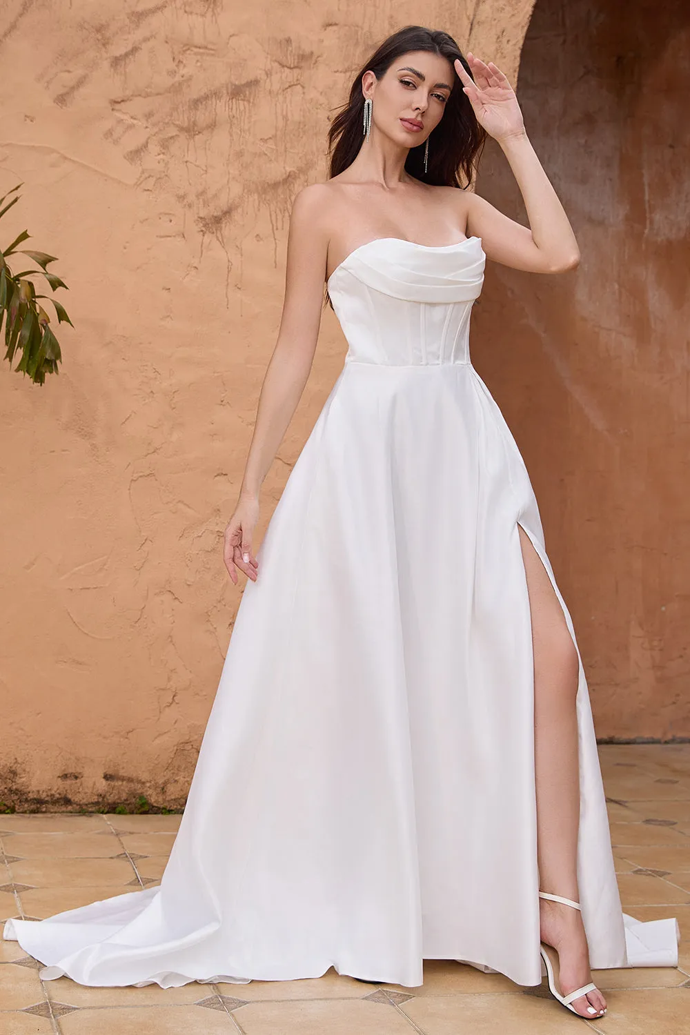 Elegant A Line Strapless Pleated Sweep Train White Wedding Dress With Slit sold by Zapaka product image thumbnail 3