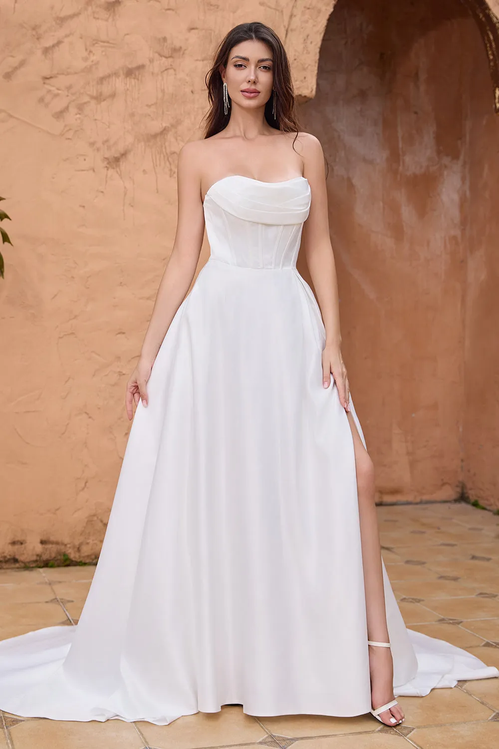 Elegant A Line Strapless Pleated Sweep Train White Wedding Dress With Slit sold by Zapaka product image thumbnail 5
