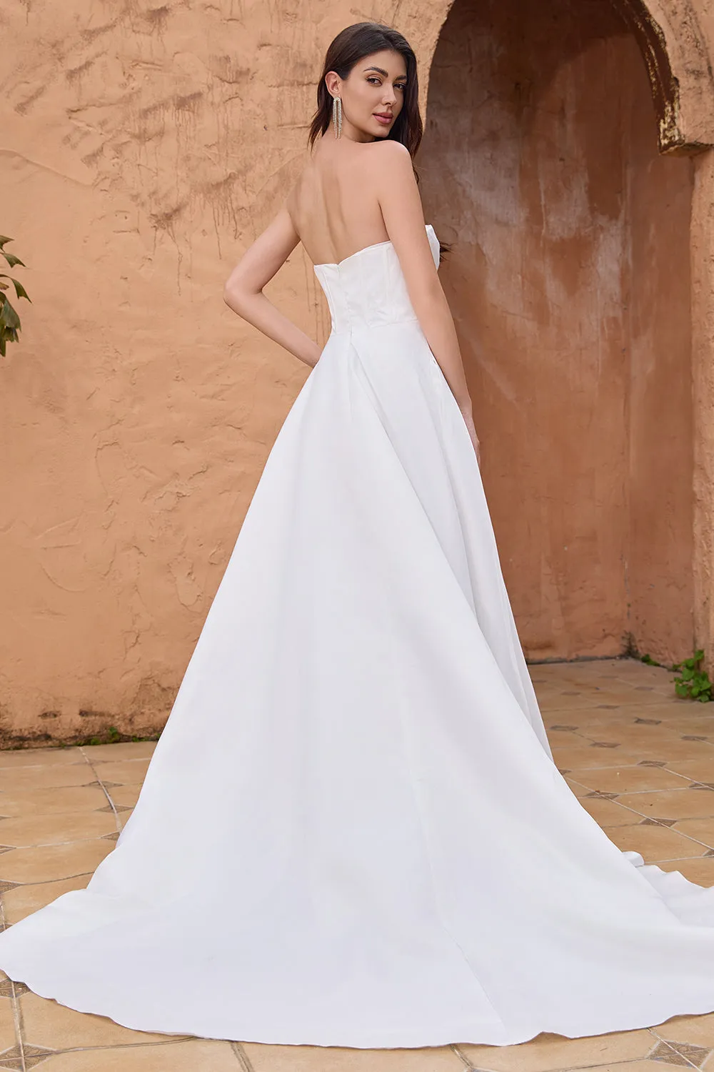 Elegant A Line Strapless Pleated Sweep Train White Wedding Dress With Slit sold by Zapaka product image thumbnail 2