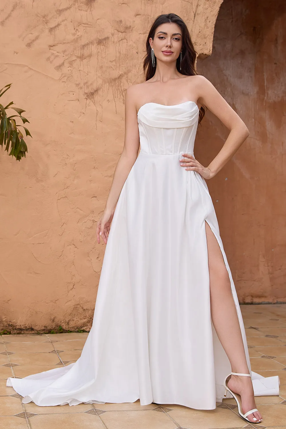 Elegant A Line Strapless Pleated Sweep Train White Wedding Dress With Slit sold by Zapaka product image thumbnail 4