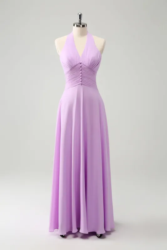 Purple A Line Halter Chiffon Long Backless Bridesmaid Dress sold by Zapaka
