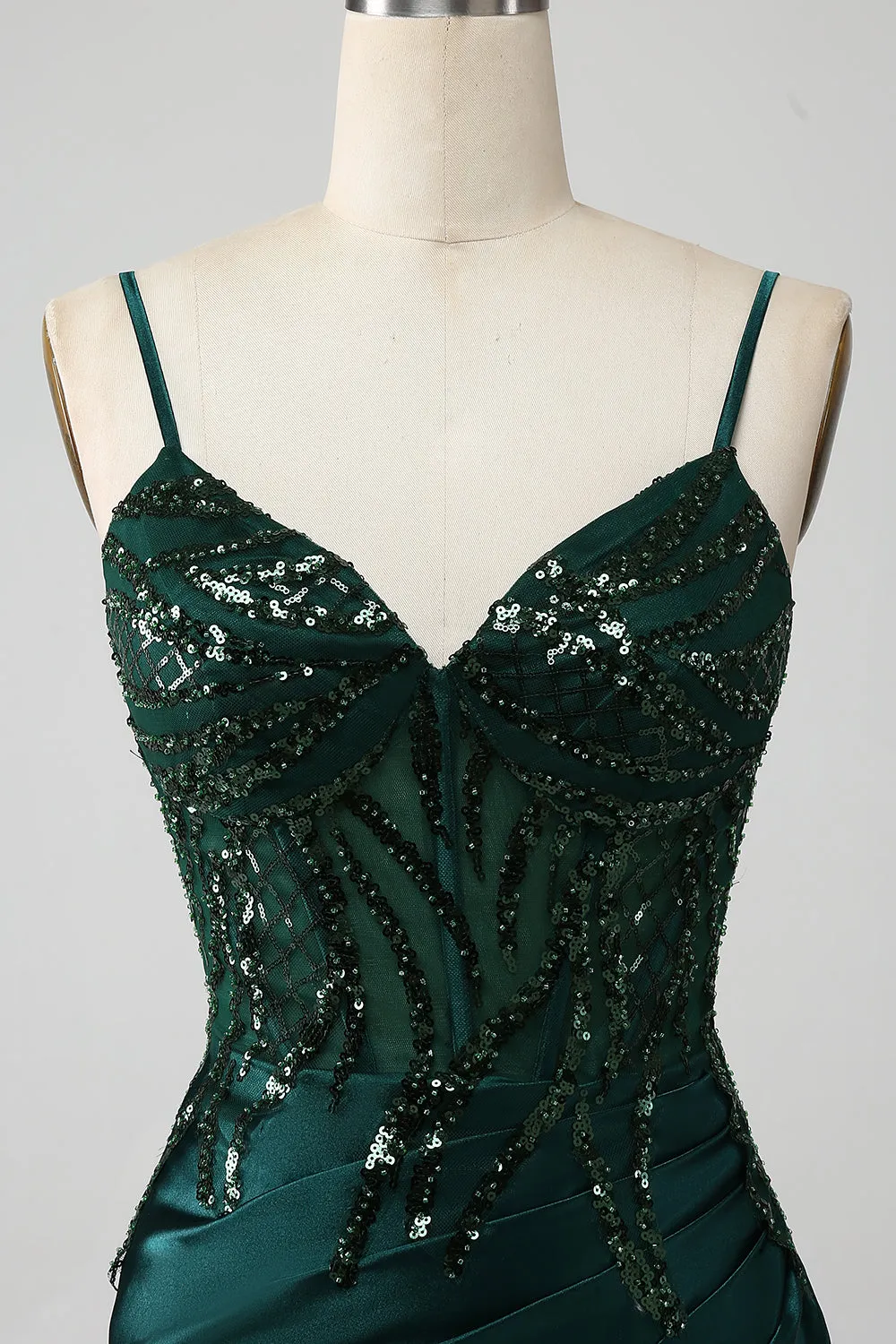 Sparkly Dark Green Mermaid Sequin Pleated Corset Prom Dress With Slit sold by Zapaka product image thumbnail 4