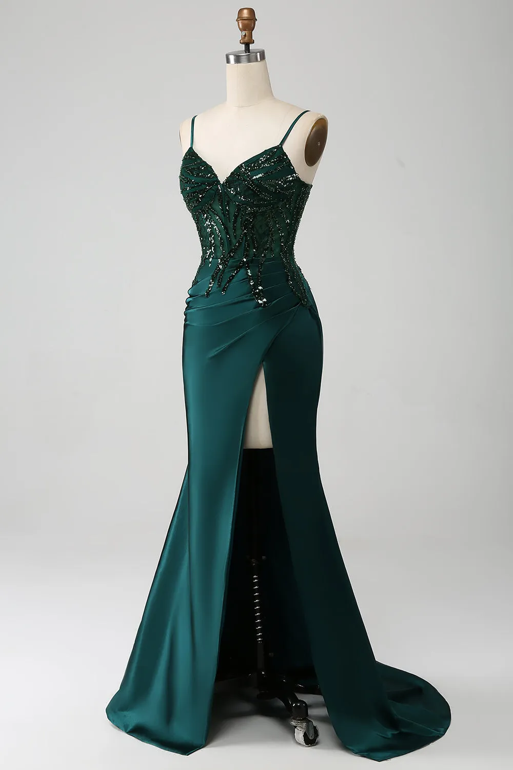 Sparkly Dark Green Mermaid Sequin Pleated Corset Prom Dress With Slit sold by Zapaka product image thumbnail 3
