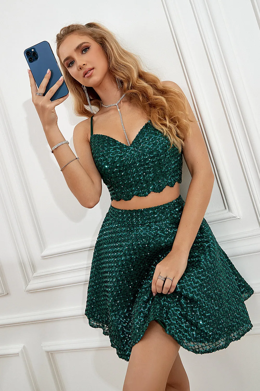 Two Piece Dark Green Halter Sequins Homecoming Dress sold by Zapaka