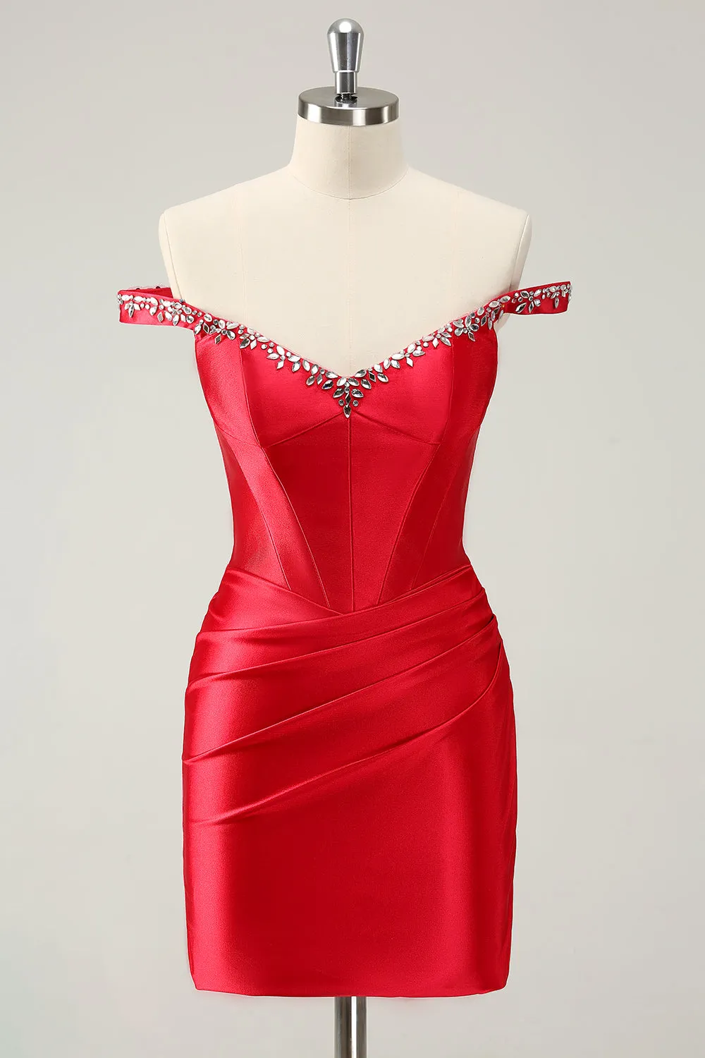 Glitter Red Beaded Off the Shoulder Satin Tight Homecoming Dress sold by Zapaka