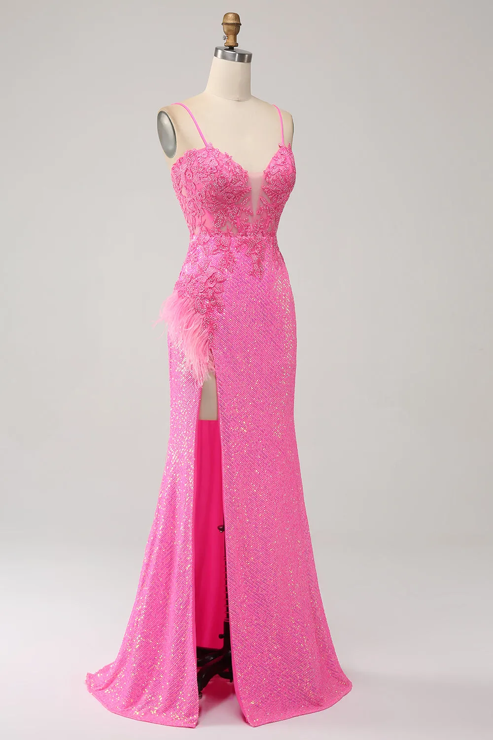 Trendy Mermaid Spaghetti Straps Pink Sequins Long Prom Dress with Appliques sold by Zapaka product image thumbnail 3