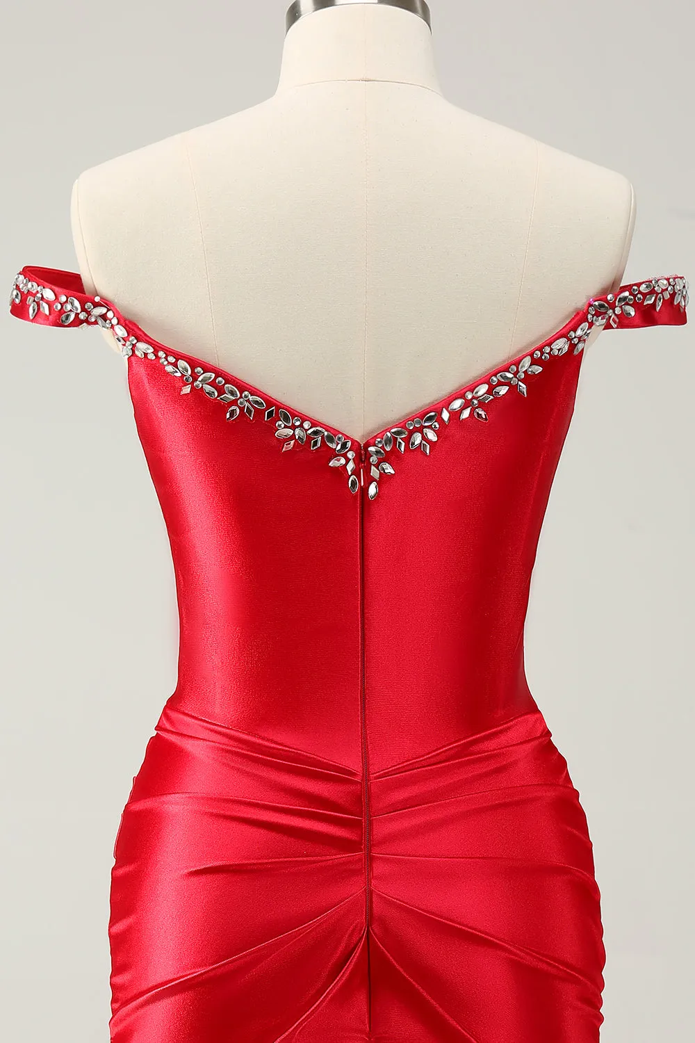 Glitter Red Beaded Off the Shoulder Satin Tight Homecoming Dress sold by Zapaka product image thumbnail 5