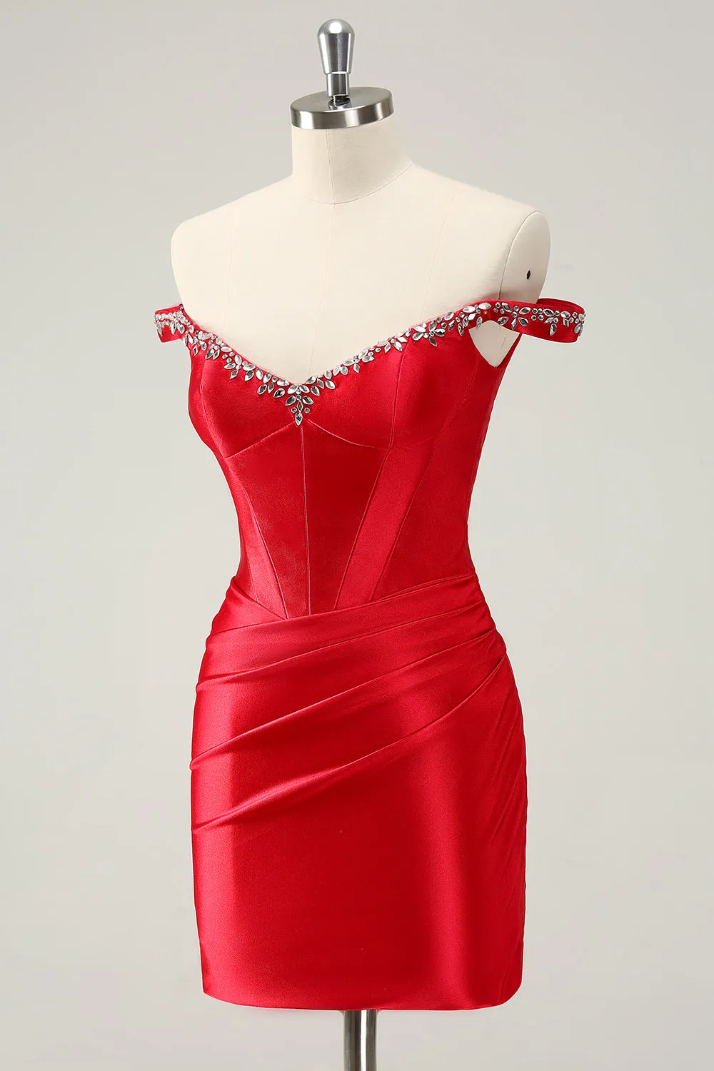 Glitter Red Beaded Off the Shoulder Satin Tight Homecoming Dress sold by Zapaka product image thumbnail 3