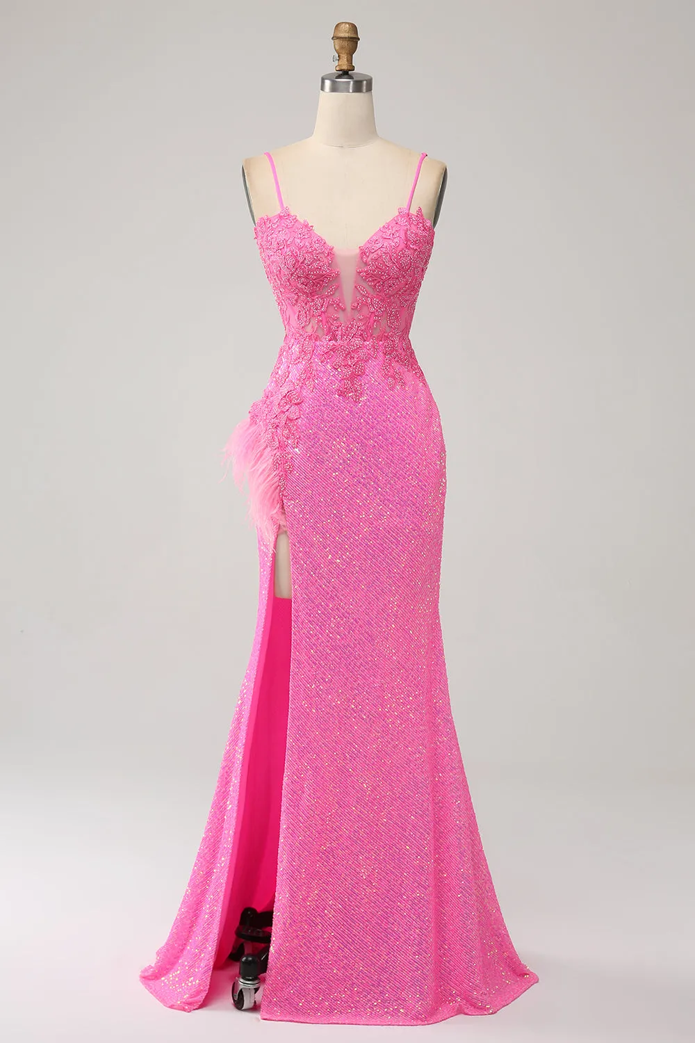 Trendy Mermaid Spaghetti Straps Pink Sequins Long Prom Dress with Appliques sold by Zapaka