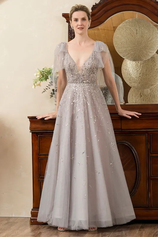 Grey A Line Beading Glitter Mother of Bride Dress sold by Zapaka