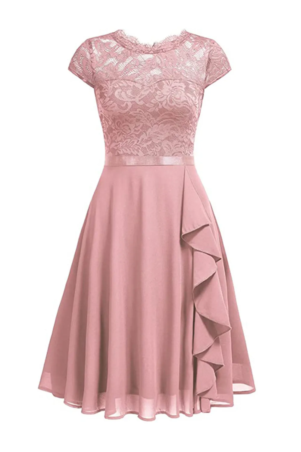 Pink A Line Lace Dress with Ruffles sold by Zapaka