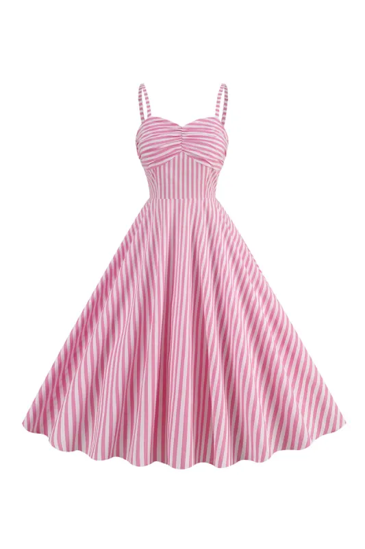 Spaghetti Straps Pink Stripes Swing 1950s Dress sold by Zapaka