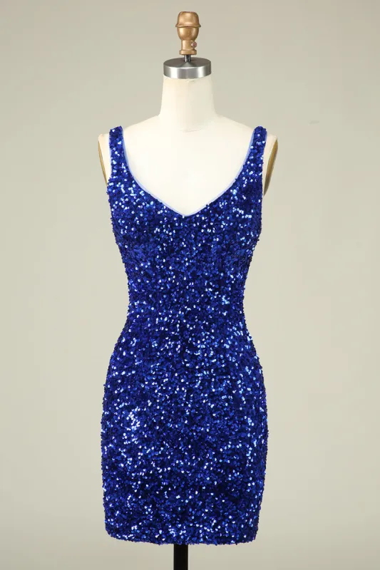 Stylish Sheath V Neck Royal Blue Sequins Short Homecoming Dress sold by Zapaka