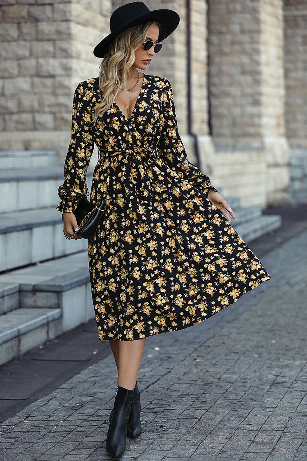 Black Floral Print Long Sleeves Casual Dress sold by Zapaka