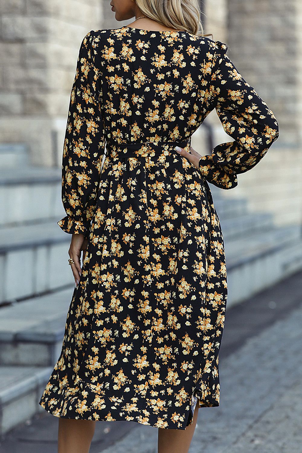 Black Floral Print Long Sleeves Casual Dress sold by Zapaka product image thumbnail 2
