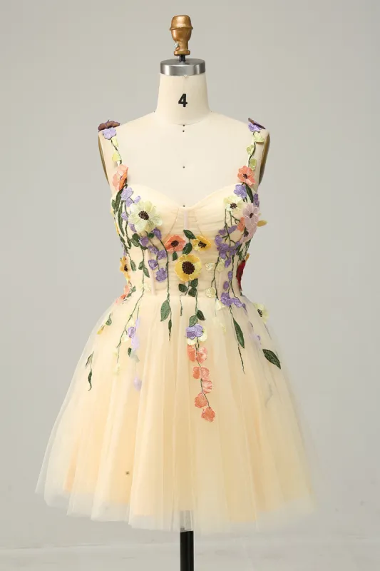 A Line Spaghetti Straps Champagne Short Homecoming Dress with Appliques sold by Zapaka