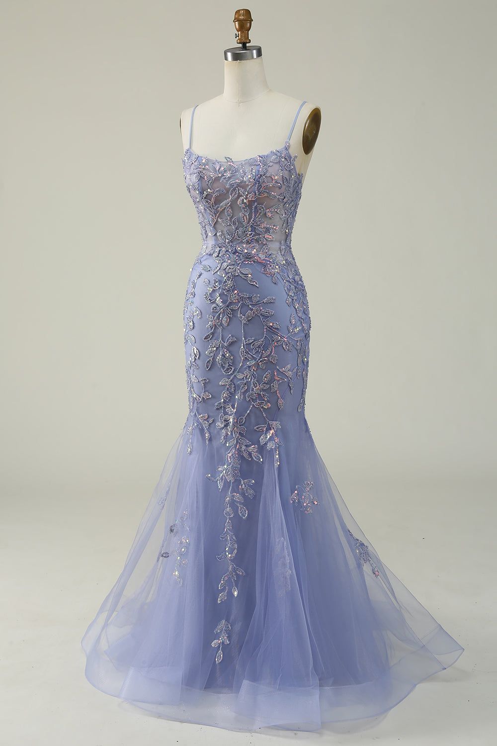 Purple Spaghetti Straps Tulle Long Prom Dress With Appliques sold by Zapaka product image thumbnail 3
