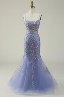 Purple Spaghetti Straps Tulle Long Prom Dress With Appliques sold by Zapaka