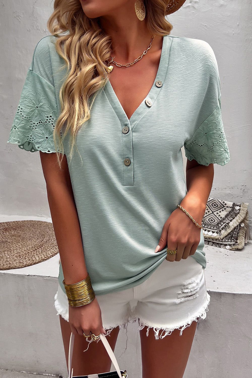 Light Green V-neck Summer Top with Lace Sleeves sold by Zapaka