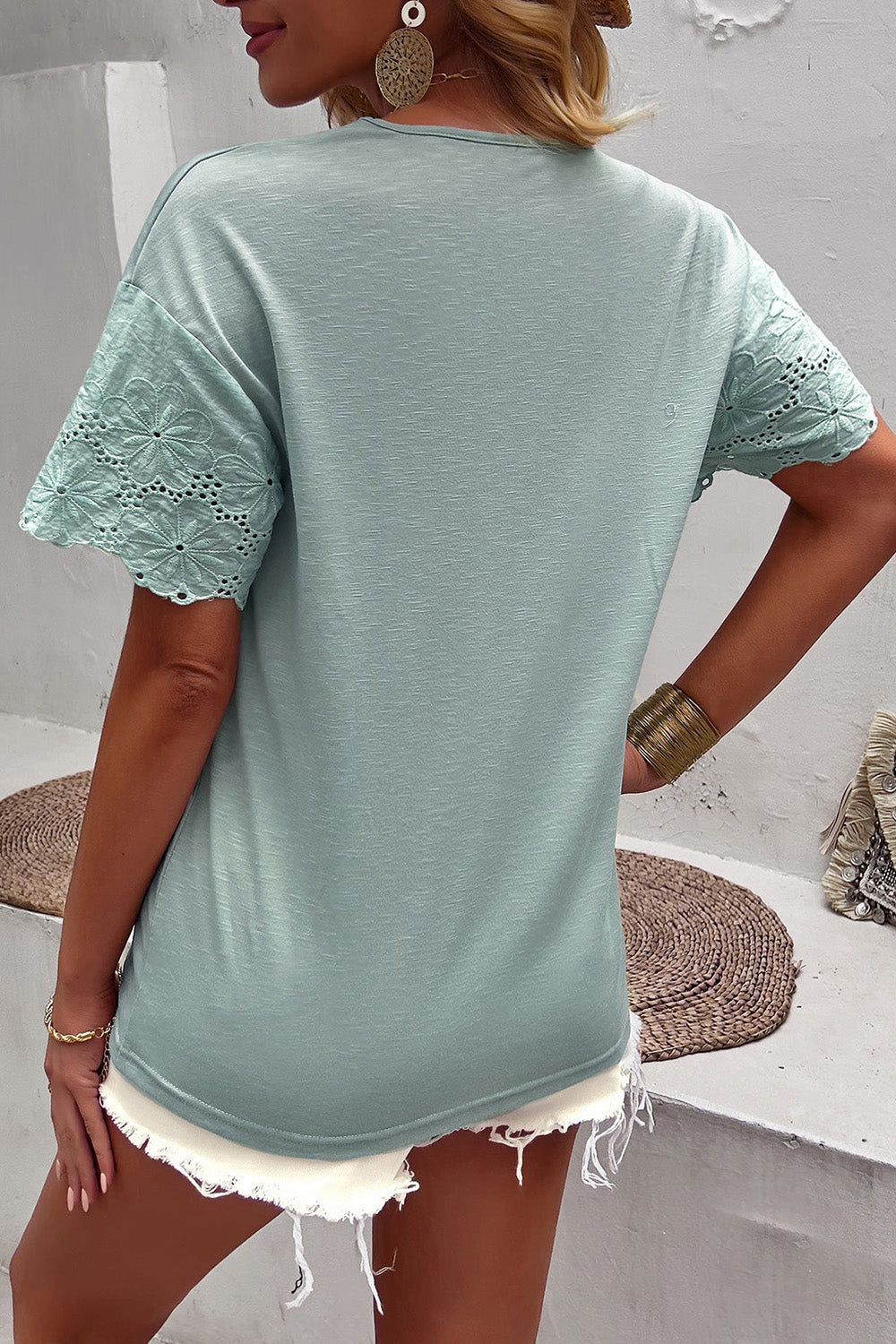 Light Green V-neck Summer Top with Lace Sleeves sold by Zapaka product image thumbnail 2