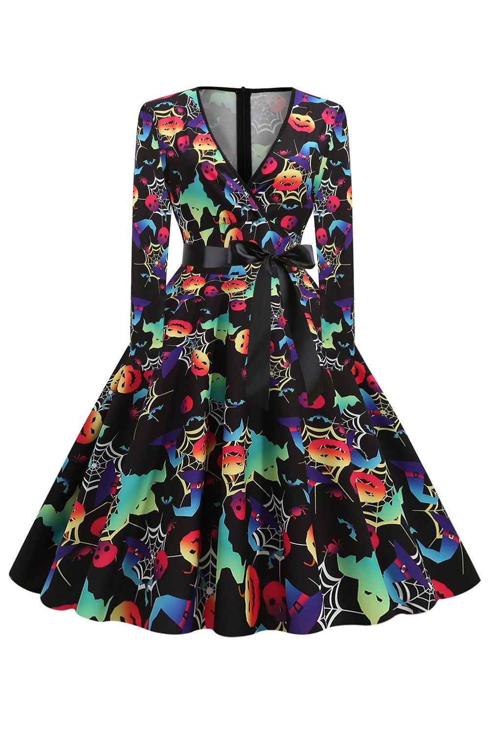V-Neck Long Sleeve Halloween Skull Print Vintage Dress sold by Zapaka