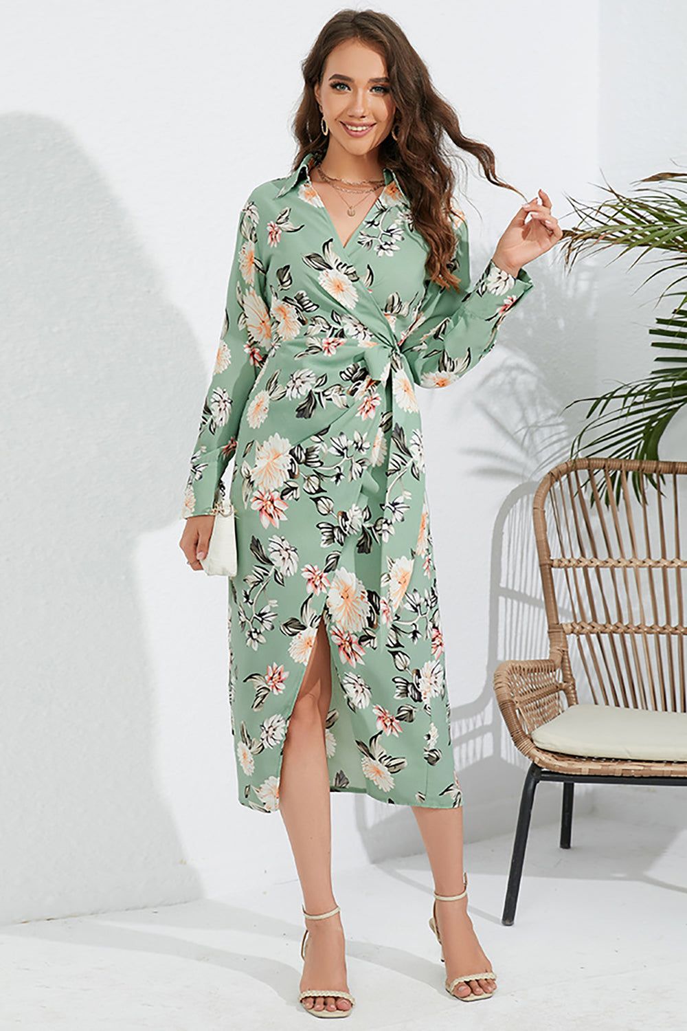 Flower Printed Green Casual Dress with Long Sleeves sold by Zapaka