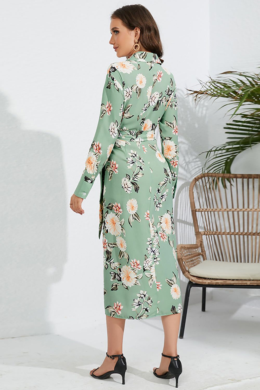 Flower Printed Green Casual Dress with Long Sleeves sold by Zapaka product image thumbnail 2