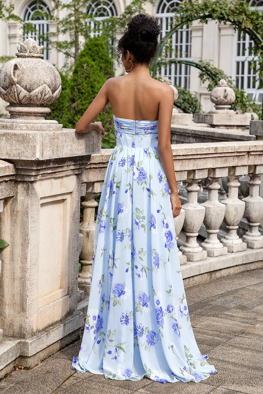 Blue Floral A Line Sweetheart Strapless Print Pleated Long Wedding Guest Dress sold by Zapaka product image thumbnail 2
