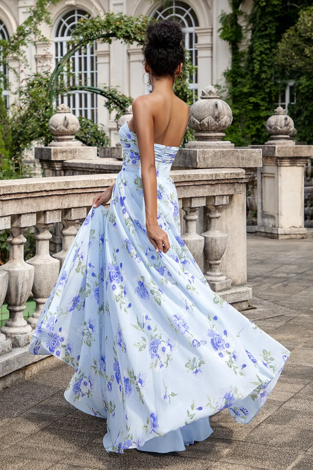 Blue Floral A Line Sweetheart Strapless Print Pleated Long Wedding Guest Dress sold by Zapaka product image thumbnail 5
