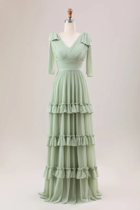 Dusty Sage A Line Chiffon Bridesmaid Dress with Ruffles sold by Zapaka