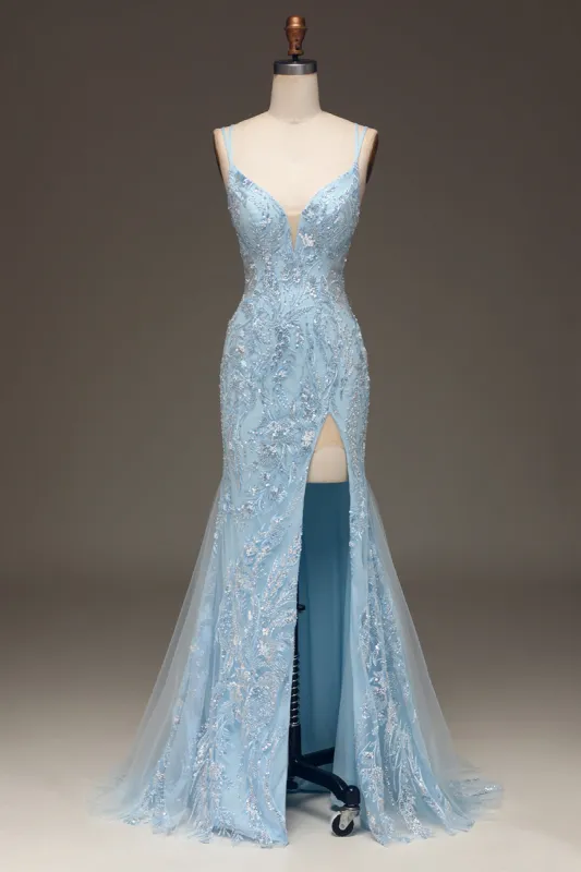 Sparkly Blue Mermaid Spaghetti Straps Tulle Sequin Beaded Long Prom Dress with Slit sold by Zapaka