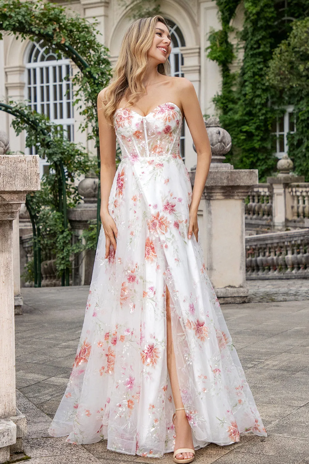 Ivory Flower A Line Sweetheart Embroidered Corset Long Wedding Dress with Slit sold by Zapaka product image thumbnail 4