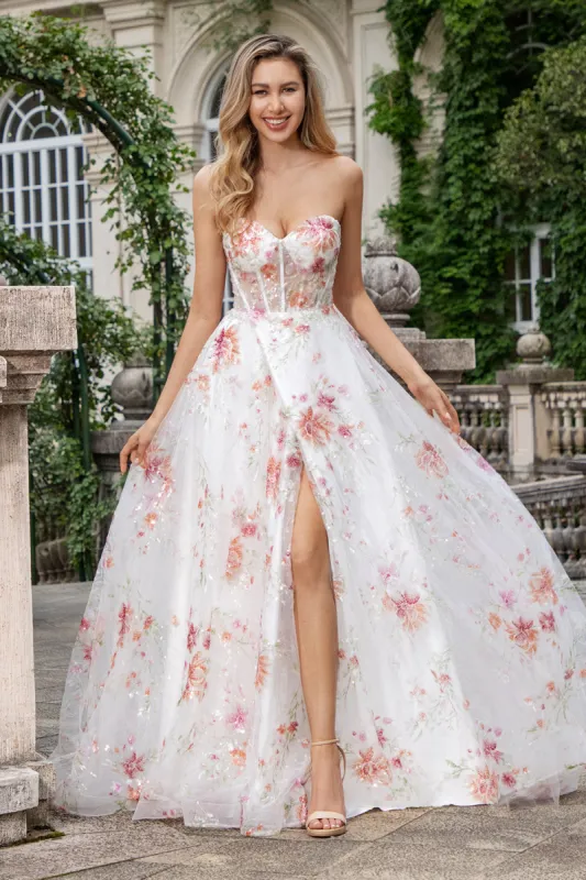 Ivory Flower A Line Sweetheart Embroidered Corset Long Prom Dress with Slit sold by Zapaka