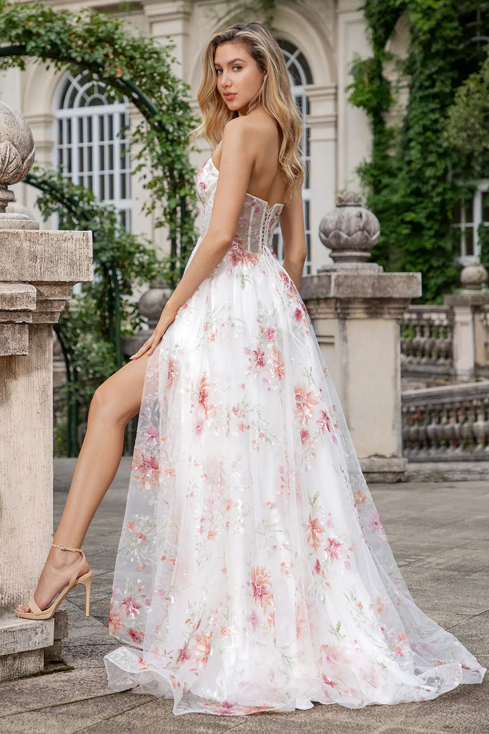 Ivory Flower A Line Sweetheart Embroidered Corset Long Wedding Dress with Slit sold by Zapaka product image thumbnail 2