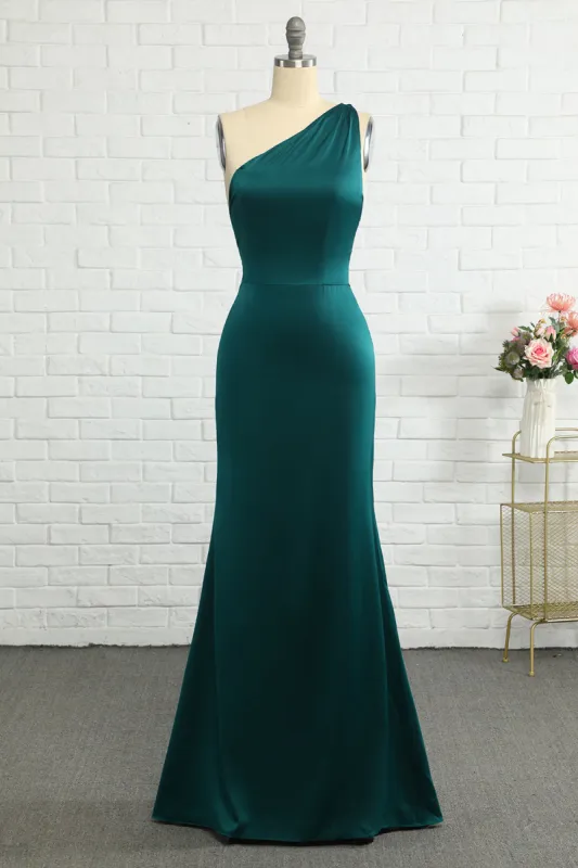 Mermaid One Shoulder Dark Green Long Bridesmaid Dress sold by Zapaka