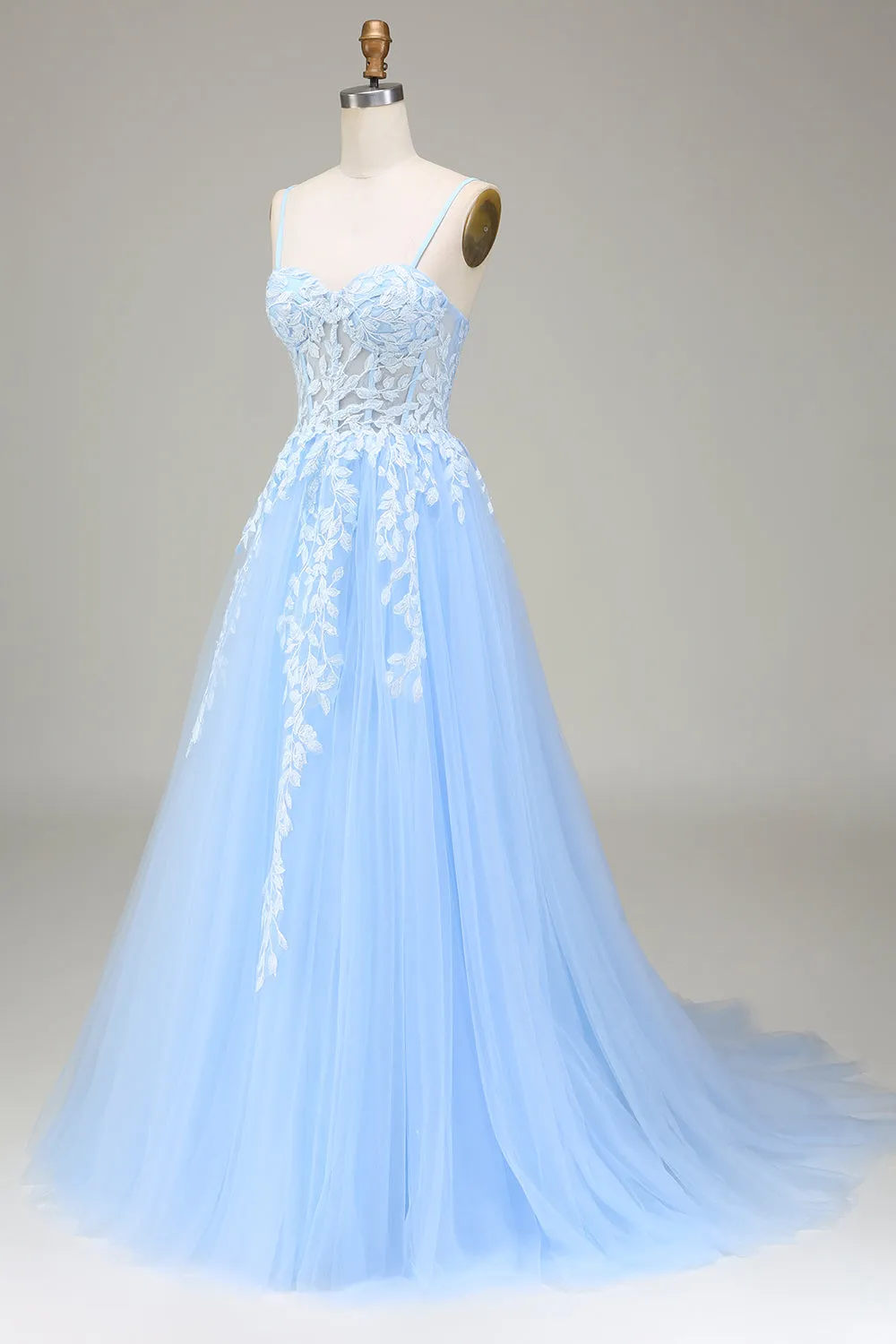 Tulle A-Line Spaghetti Straps Sky Blue Prom Dress with Appliques sold by Zapaka product image thumbnail 3