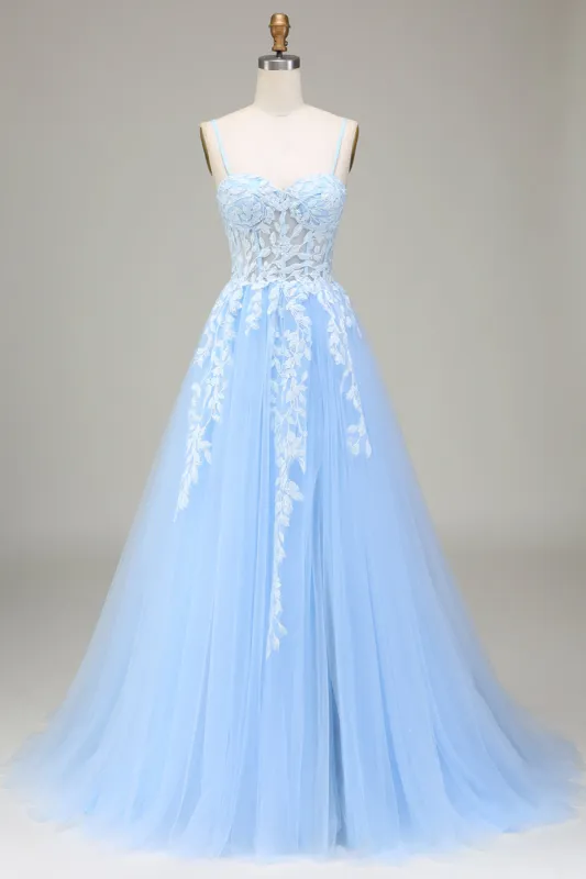 Tulle A-Line Spaghetti Straps Sky Blue Prom Dress with Appliques sold by Zapaka