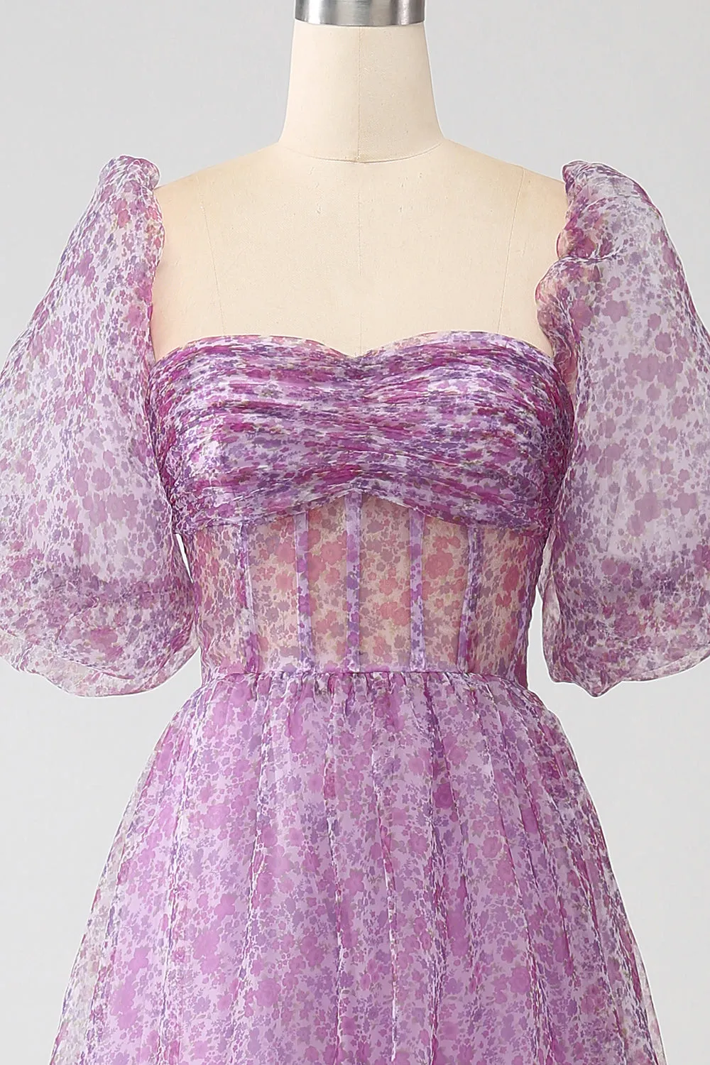 A-Line Square Neck Purple Corset Prom Dress with Half Sleeves sold by Zapaka product image thumbnail 4