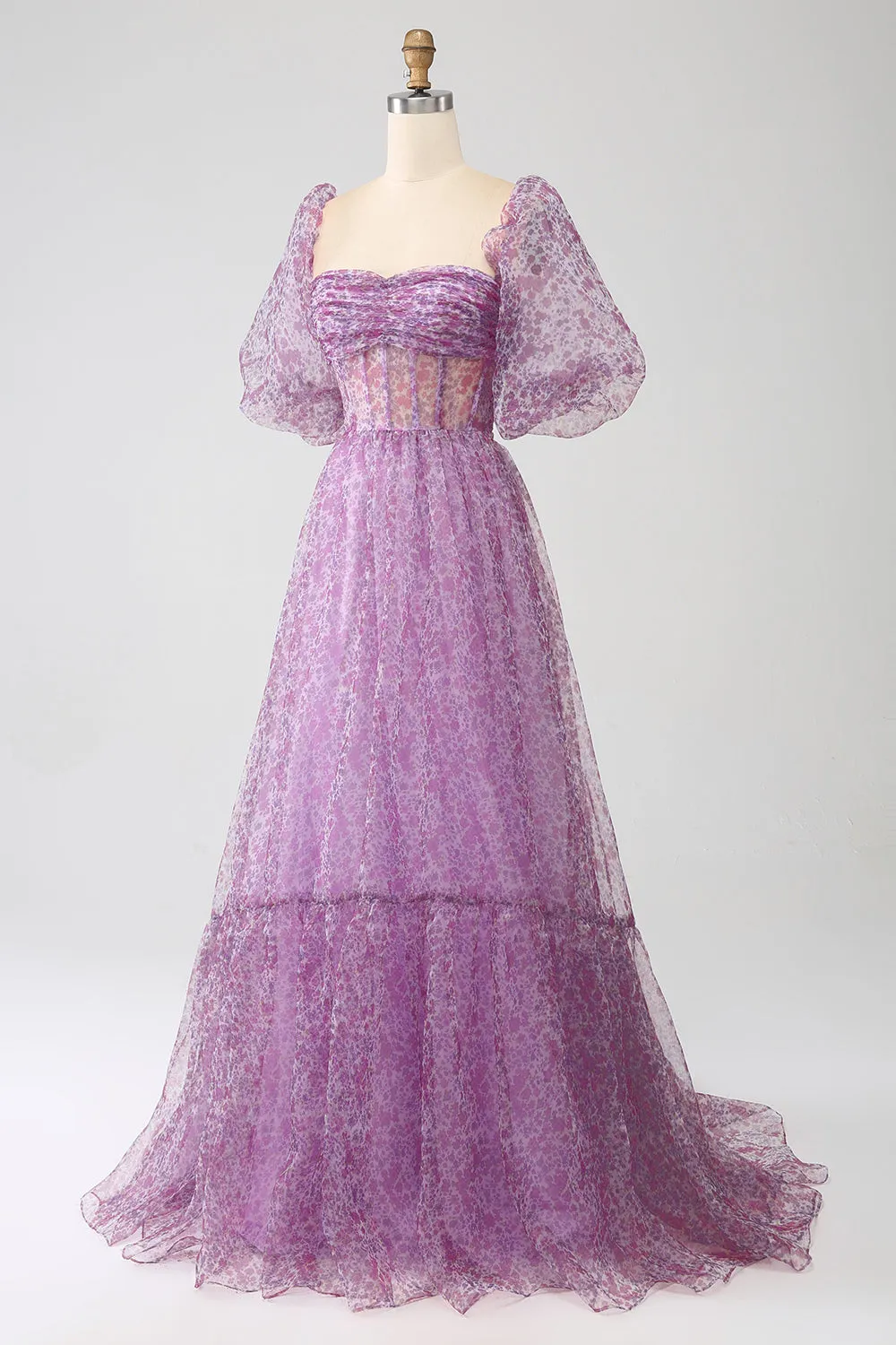 A-Line Square Neck Purple Corset Prom Dress with Half Sleeves sold by Zapaka product image thumbnail 3