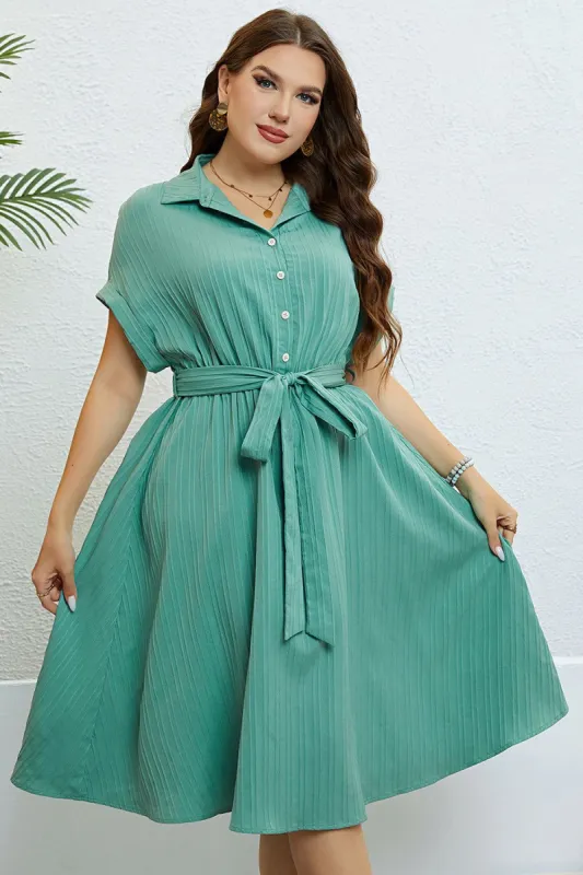 Green Short Sleeves Plus Size Summer Dress With Belt sold by Zapaka