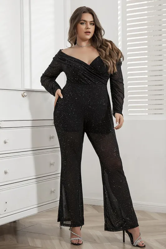 Black Off the Shoulder Plus Size Jumpsuits with Long Sleeves sold by Zapaka