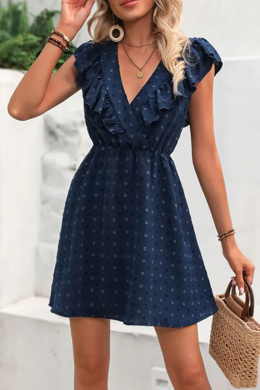 Dark Blue V-neck Sleeveless Short Summer Dress With Ruffles sold by Zapaka