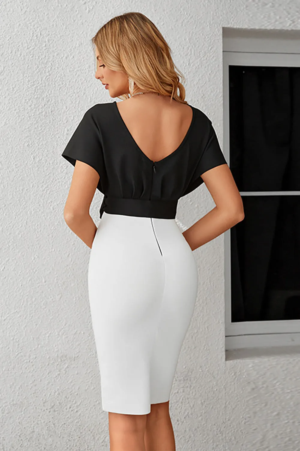 Black and White Bodycon V-Neck Cocktail Dress With Belt sold by Zapaka product image thumbnail 2